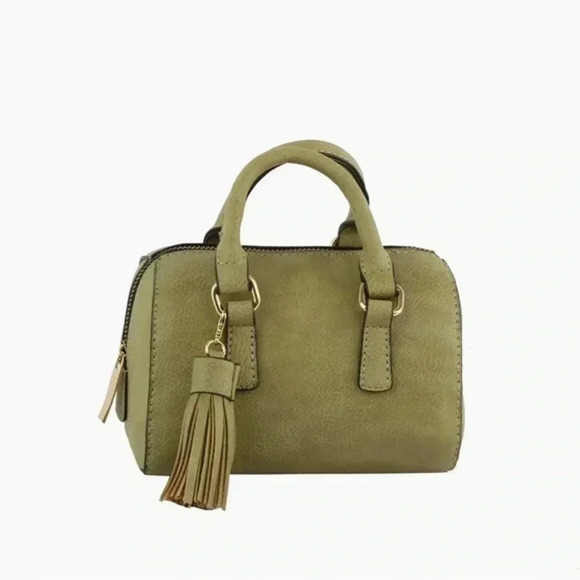 Mini satchel bag, vegan leather, green, optional chain strap, tassel detail NWT - Picture 1 of 5